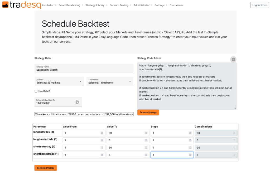 Backtest scheduling screen in Tradesq