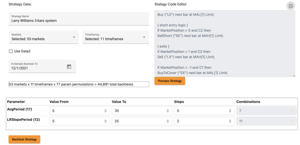 Larry Williams Tradestation system scheduling in Tradesq