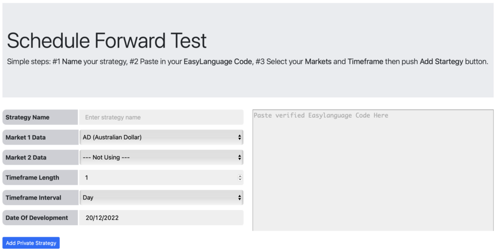Schedule Forward Testing screen in Tradesq